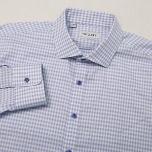 Twillory Dress Shirt Mens 17.5 36/37 Blue Gingham Tailored Fit Stretch Non Iron